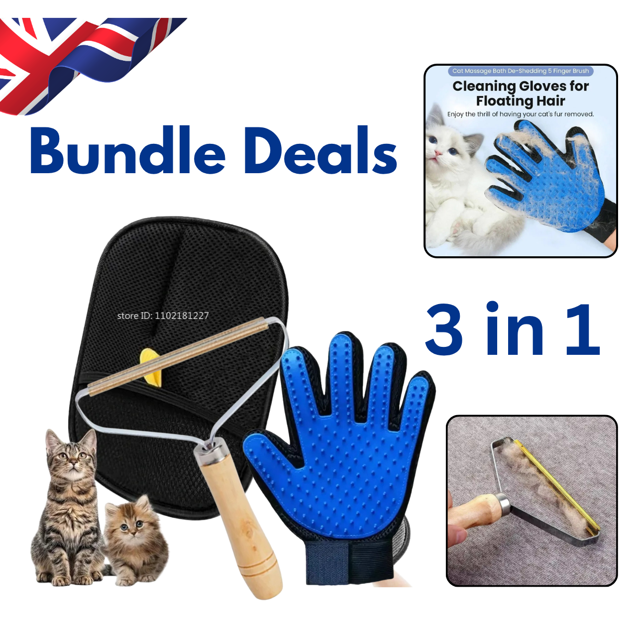 3pc Dog Cat Grooming & Hair Removal Kit Pet Deshedding Glove Massage Brush Lint Remover