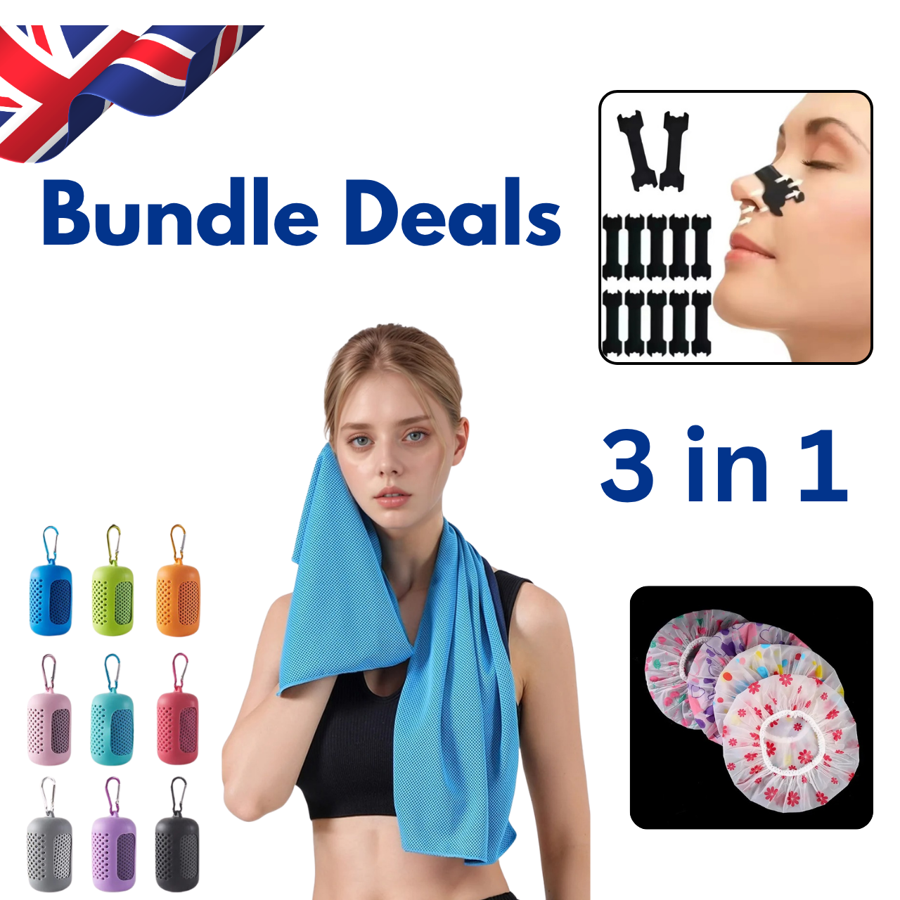 Everyday Comfort & Care Bundle – Nasal Strips, Cooling Towel & Waterproof Shower Cap for Home, Sports & Travel
